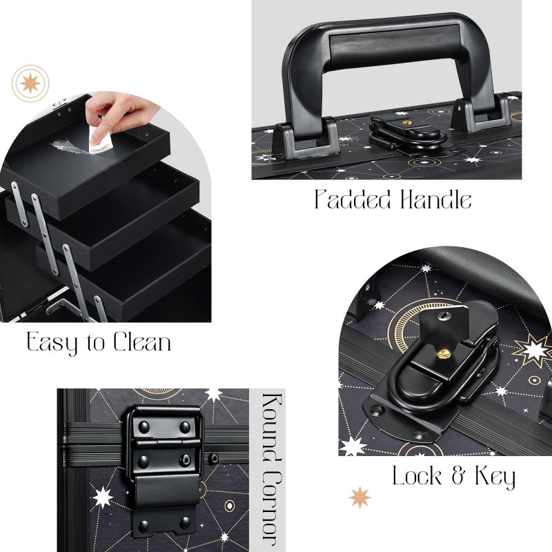 Joligrace 11.8 inch Makeup Train Case Cosmetic Organizer Box Lockable with 3 Trays and a Brush Holder Pattern Collection - Star Chart - Image 4